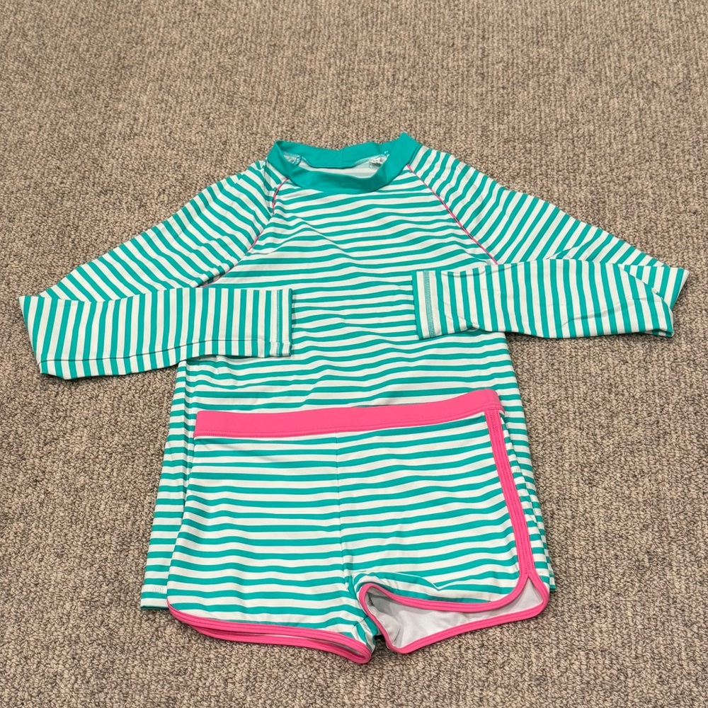 NWT! Boden Girls Swim Shorts & Rashguard Set - Teal and Pink Stripes. Sz 13-14.